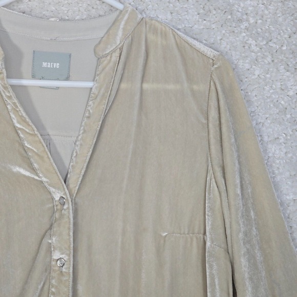 Maeve Womens Crushed Velvet Shirt Size 6 Beige Button Up Long Sleeve V Neck READ - Picture 3 of 14
